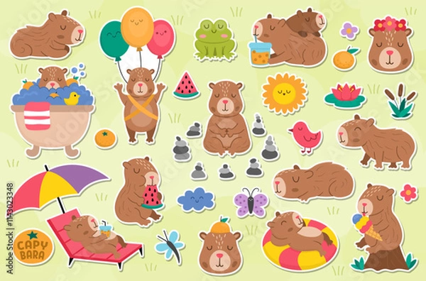 Fototapeta Vector capybara stickers set. Cute capibara animals patches collection with bath, fruit, reeds, birds. Funny guinea pigs meditating, sleeping, relaxing, swimming with tangerines, eating ice-cream