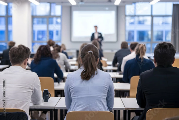 Fototapeta Classroom setting, seated audience facing presentation screen, natural light filled atmosphere