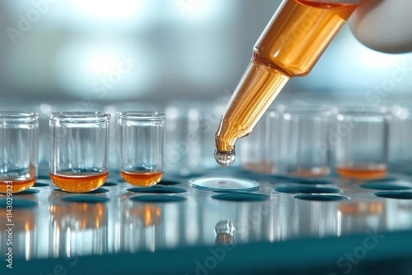Obraz Pipette dropping sample into test tubes with orange liquid
