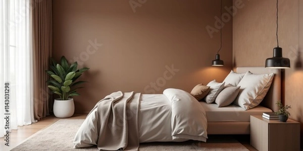 Fototapeta A serene bedroom featuring modern mocha mousse color scheme, showcasing elegance and comfort with neutral textiles and natural elements.
