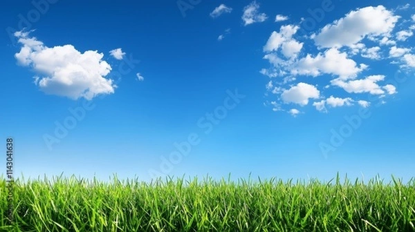 Obraz A field of green grass under a blue sky with white clouds