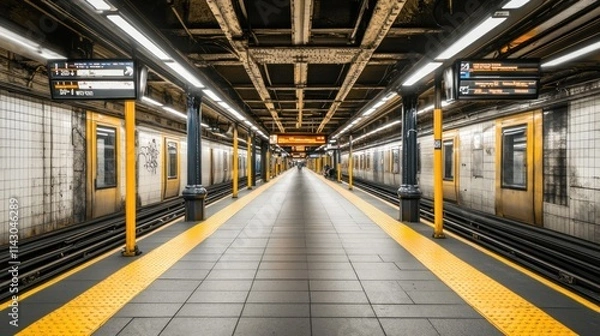 Fototapeta Subway station platform with trains, lights, and tiled walls.