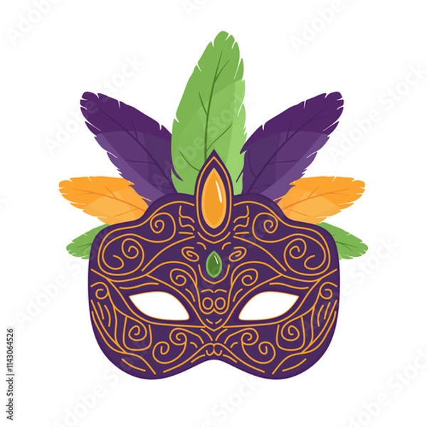 Fototapeta Colorful carnival mask, decorated with feathers for celebrations of Mardi Gras. Hand drawn bright decorative festive mask in cartoon style isolated on white background.Colored flat vector illustration