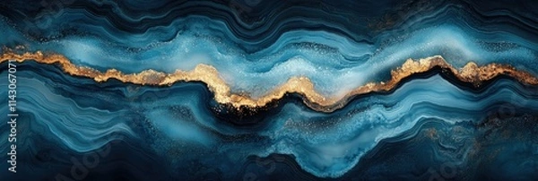 Fototapeta Abstract wavy design featuring blue and gold tones, evoking a sense of fluidity and elegance.