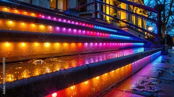 Fototapeta Colorful LED lights illuminate wet stairs, creating a vibrant atmosphere at dusk.