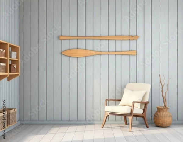 Fototapeta Cozy interior mockup shows farmhouse living room. Light grey wooden plank wall creates calm atmosphere. Simple wooden furniture including comfortable armchair, wooden shelves with baskets. Wooden