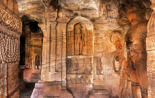 Fototapeta Many ancient sculptures inside the abandoned 7th century cave temple in India