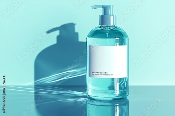 Fototapeta Beauty background with facial cosmetic products, shopping bag and twigs with cherry blossom on pastel blue desktop background. Spring skin care trends, top view, frame, flat lay. Branding mock up