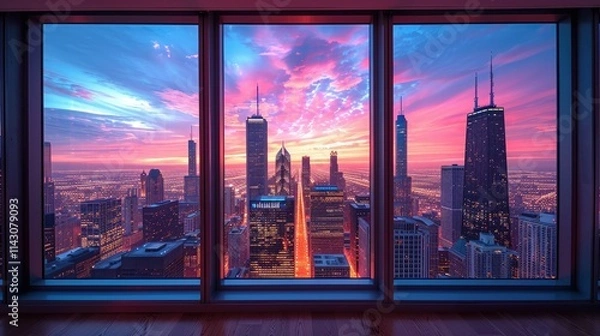 Obraz Stunning city skyline at sunset viewed through large glass windows.