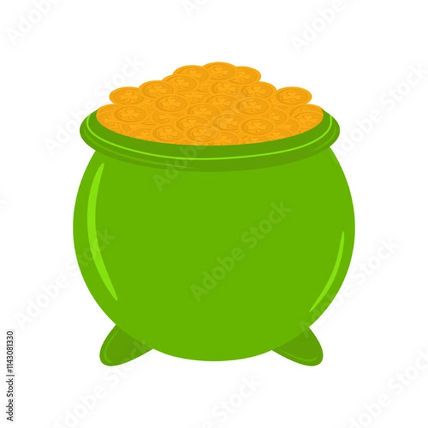 Fototapeta Green iron cauldron filled with gold coins isolated on white background. St. Patrick's Day element pot of money in colorful cartoon style. Concept of fortune lucky and magic. Vector illustration