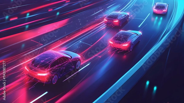 Fototapeta Cars with AI technology driving on the highway, surrounded by digital and geometric patterns representing data connections between vehicles  -