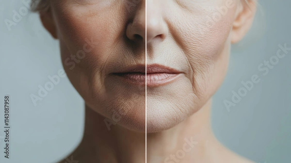 Fototapeta Close-up before and after comparison of mature woman's neck and lower face showing skin tightening and anti-aging results  -