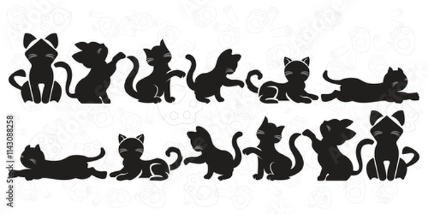Fototapeta Cute kitty cat in different poses silhouette vector isolated on white background.