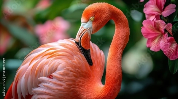 Fototapeta Flamingo preening its feathers against a backdrop of tropical flowers