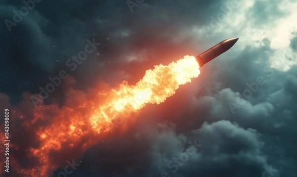 Fototapeta Rocket launch with fiery exhaust against dramatic clouds