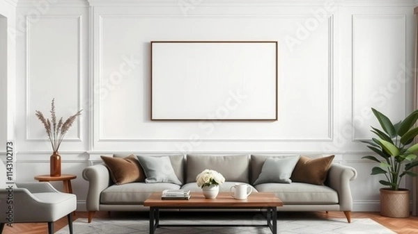 Fototapeta A mockup of a living room wall art above a stylish decor with a blank canvas, perfect for showcasing artwork or photographs, home, empty