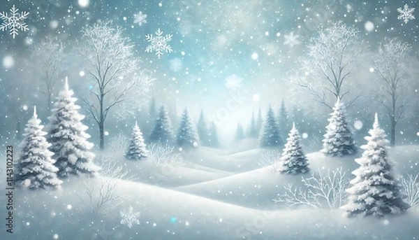 Fototapeta Design snowy winter landscape background with frosted trees, gently falling snowflakes, and serene pale blue sky for holiday decor using Generative AI