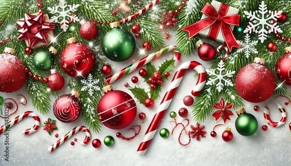 Fototapeta Design cheerful holiday background featuring red and green ornaments, candy canes, and sparkling tinsel on snowy white backdrop using Generative AI