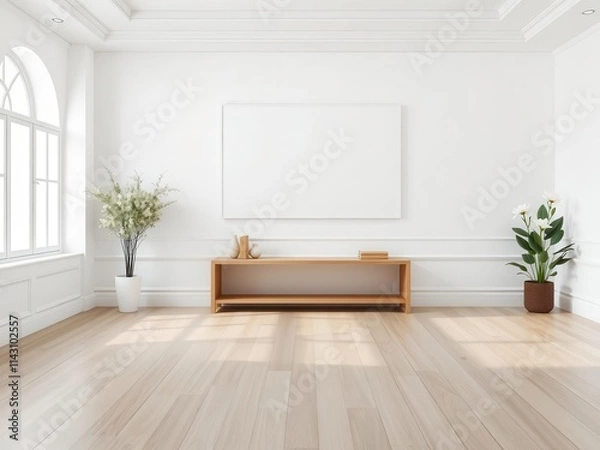 Fototapeta Minimalist room interior with an empty white wall and a mockup for wall art, stylish, mockup