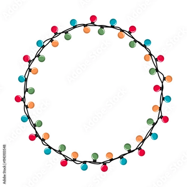 Fototapeta Festive round frame with colorful Christmas lights. Round Christmas frame with lights and garlands. Cartoon vector Christmas border isolated on a white background
