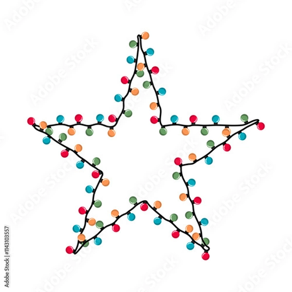 Fototapeta Festive star-shaped frame with colorful Christmas lights. Star Christmas frame with lights and garlands. Cartoon vector Christmas border isolated on a white background