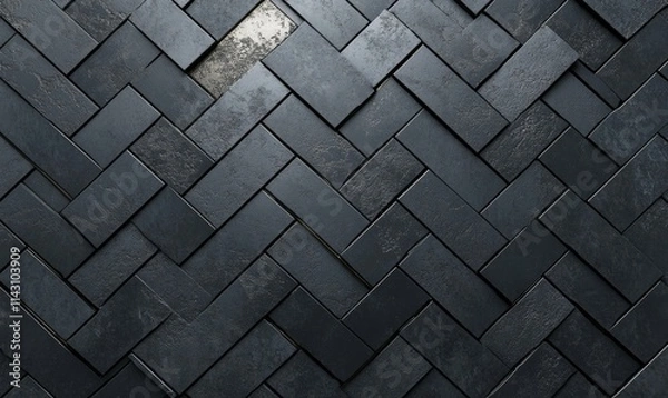 Fototapeta Black, Semigloss Wall background with tiles. Herringbone, tile Wallpaper with Polished blocks.