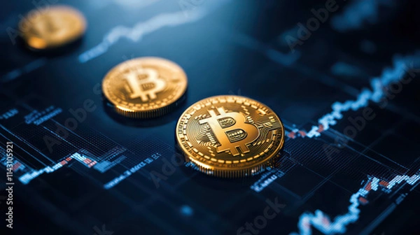 Fototapeta Digital currency coins on stock market graph, showcasing financial trends and investment opportunities