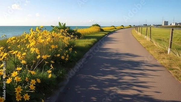 Fototapeta Seaside cycle path with yellow flowers in S?o Jos? de Ribamar, Brazil, S?o Jos? de Ribamar, Maranh?o, bike ride