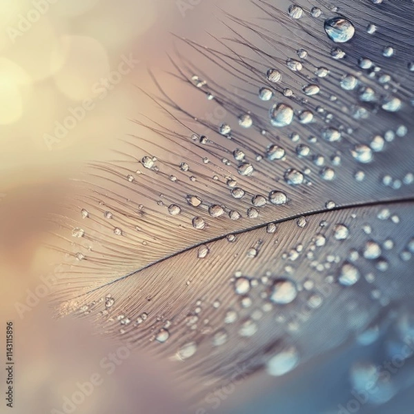 Fototapeta Macro shot of a delicate feather with dew droplets, showcasing intricate details against a soft-focus background, capturing natural beauty.