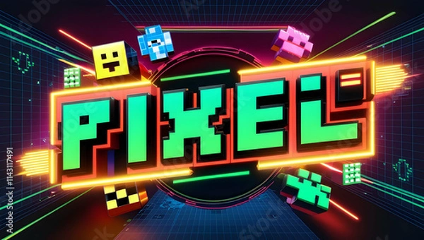 Fototapeta Colorful pixel art word "PIXEL" with 8-bit characters.