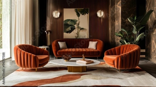 Fototapeta Luxury living room, orange velvet furniture, abstract rug.