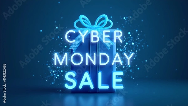 Obraz Cyber Monday Sale Neon Sign in Gift Box Shape. Concept of Online Shopping and E commerce.