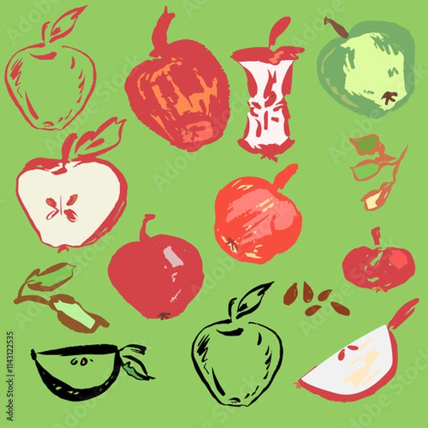 Obraz Set of hand draw apples. Doodle, sketch with texture. Green and red. Vector Grafik, isolated 
