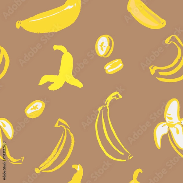 Fototapeta Pattern with funny bananas, hand draw, brush. Isolated vector with texture. Doodle, nice colors. whole and slices. 