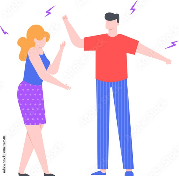 Fototapeta Young man and woman arguing and gesturing with raised fists and lightnings, expressing anger, disagreement, conflict, and quarrel in a stressful situation