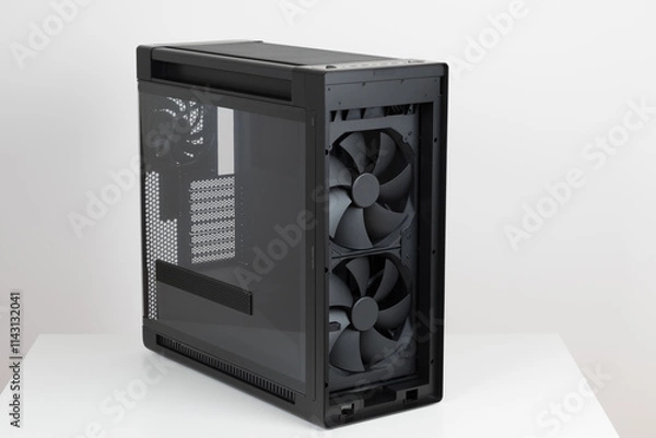 Fototapeta  Two 200mm pre-installed system fans, front panel IR dust indicator. Side view of empty big tower, PC case, chassis. Left panel is  tempered-glass.