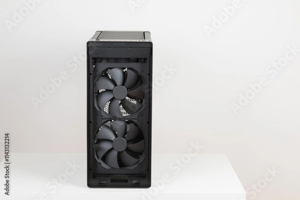 Fototapeta Front view of empty  big tower, PC case, chassis,  two  pre-installed system extra-thick 200 x 38 mm front fans for maximum air intake