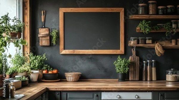 Fototapeta Minimalist kitchen with a blank chalkboard on the wall
