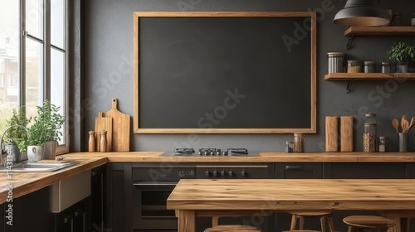Fototapeta Minimalist kitchen with a blank chalkboard on the wall
