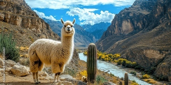 Fototapeta A curious llama enjoys the serene landscape, surrounded by rocky hills and vibrant greenery, with the river gently flowing under an expansive blue sky