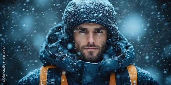 Fototapeta Trendy puffer jacket worn by man in snowy forest during winter weather