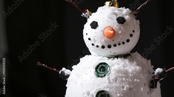Fototapeta A snowman creatively crafted with robotic circuits and wires, featuring a playful carrot nose and a smiling face, showcasing innovation in festive design. AI generated.