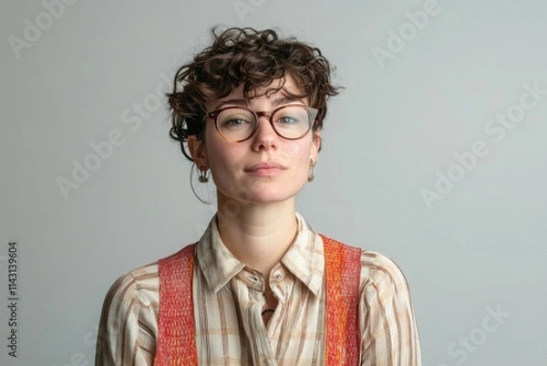 Fototapeta Stylish young woman poses in eyewear showcasing modern frames and a unique fashion sense in a minimalistic studio setting