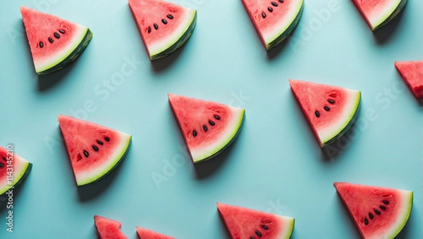 Fototapeta Pattern of watermelon slices on pastel blue background 