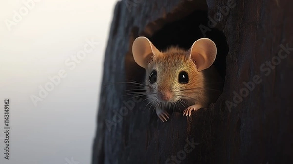 Fototapeta Mouse peeking out of a hole, closeup of wildlife, cute rodent, macro photography