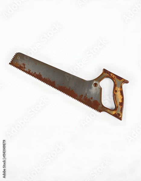 Fototapeta A vintage rusted metal hand saw on a plain white background. Ideal for construction or carpentry concepts, dinamic scene