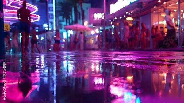 Fototapeta A vibrant Miami Beach nightlife scene with neon lights reflecting on wet streets music playing and energetic summer crowds.
