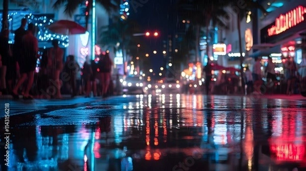 Fototapeta A vibrant Miami Beach nightlife scene with neon lights reflecting on wet streets music playing and energetic summer crowds.