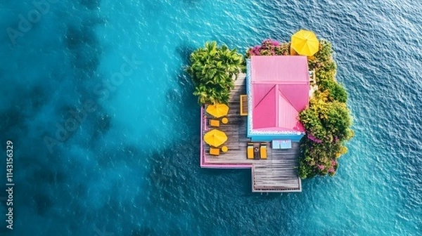 Fototapeta A vibrant ocean villa painted in pastel colors featuring tropical gardens on a floating platform surrounded by blue waters.