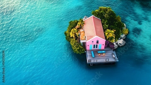 Fototapeta A vibrant ocean villa painted in pastel colors featuring tropical gardens on a floating platform surrounded by blue waters.